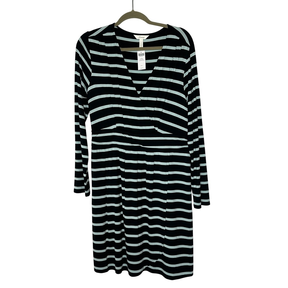 Soma Striped Long Sleeve V Neck Wrap Dress Size Large Navy‎ Light Blue NWT